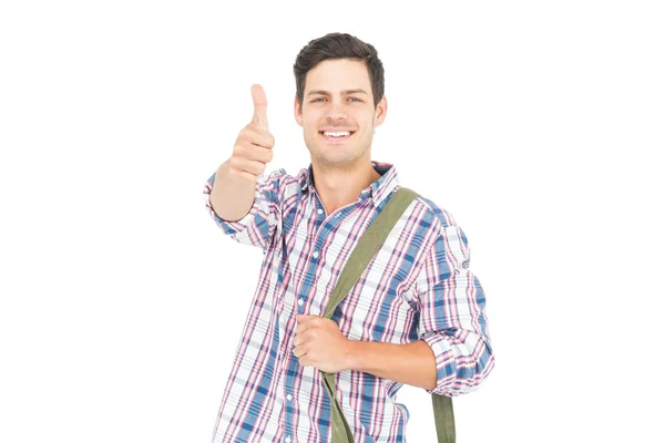 엄지손가락을 나타나는 웃는 남자 학생의 초상화 — 스톡 사진
