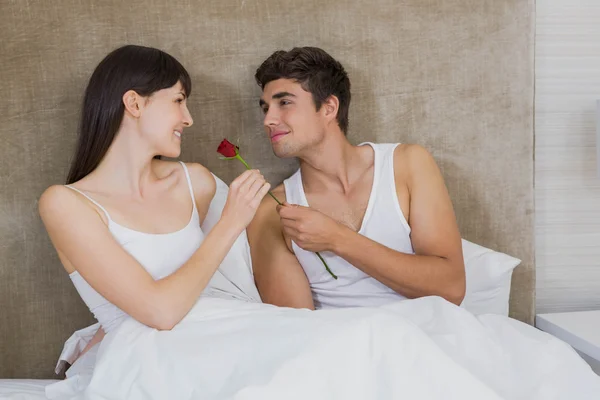 Man offering a red rose to woman — Stock Photo, Image