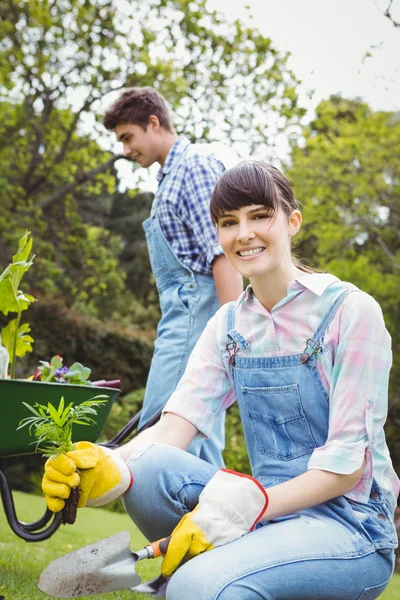 Jonge vrouw aanplant een plantgoed — Stockfoto