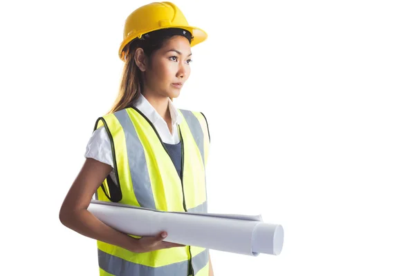 Architect woman with yellow helmet and plans — Stock Photo, Image