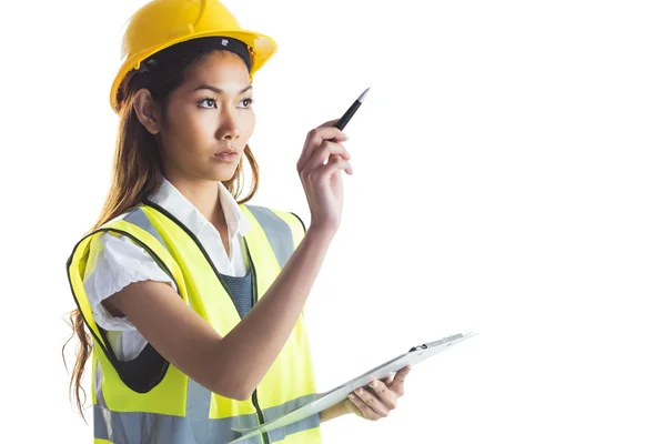 Architect woman with yellow helmet and plans — Stock Photo, Image