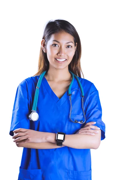 Asiatiska sjuksköterska med stetoskop korsning armar — Stockfoto