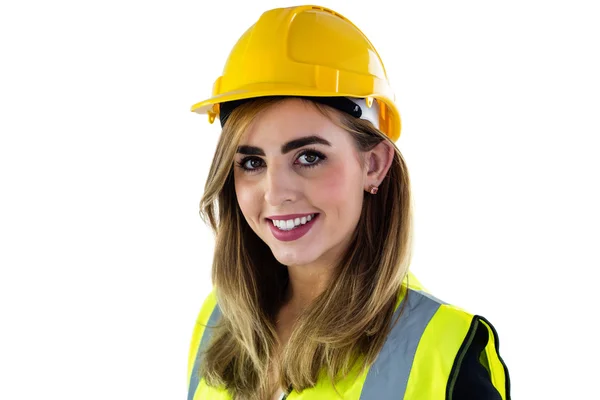 Sorrindo mulher vestindo roupas de construção — Fotografia de Stock
