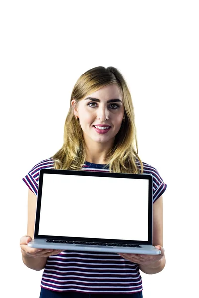 Lachende vrouw haar laptop presenteren — Stockfoto