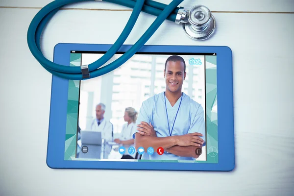 Tablet and stethoscope on desk — Stock Photo, Image