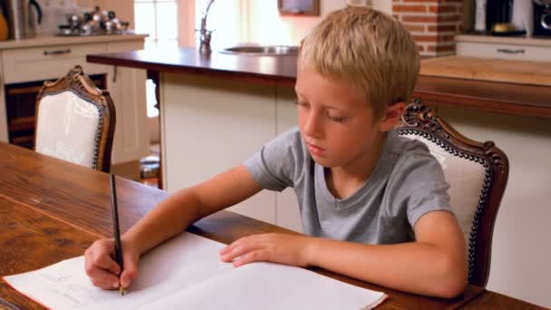 Junge macht seine Hausaufgaben am Küchentisch — Stockvideo