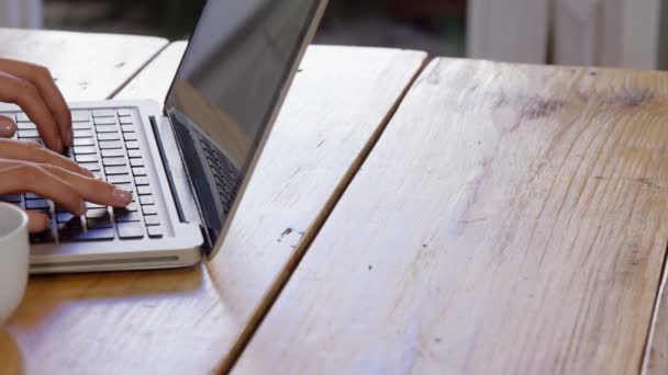 Pirang manis menggunakan laptop di dapur — Stok Video
