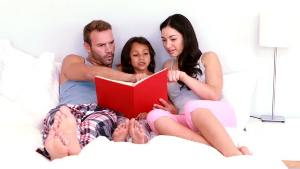 Glückliche Familie liest rotes Buch — Stockvideo