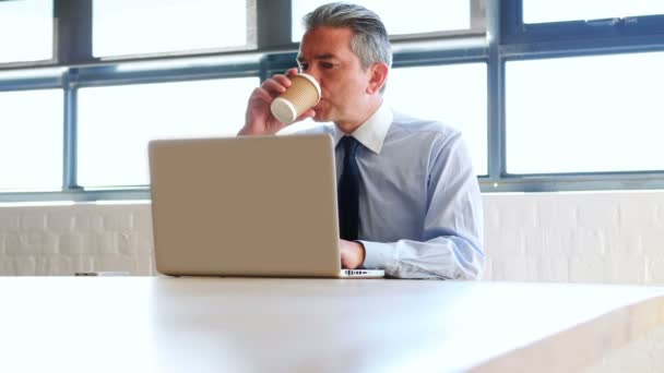Бизнесмен с помощью ноутбука и пить кофе — стоковое видео