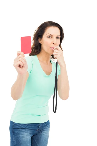 Mature woman d holding red card — Stock Photo, Image