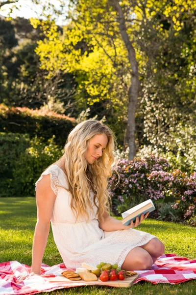 Blonde met een picknick tijdens het lezen — Stockfoto