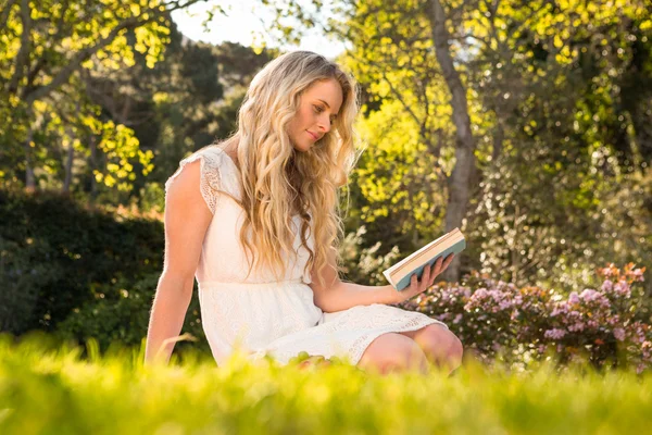 Vrouw zittend op het gras-lezing — Stockfoto