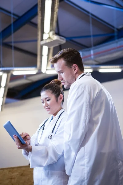 Médicos discutiendo sobre tableta digital — Foto de Stock