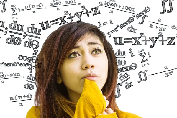 Young woman against maths equations — Stock Photo, Image