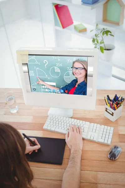 Teacher against hipster with tablet — Stock Photo, Image