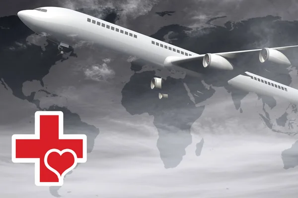 Heart and cross against flying plane — Stock Photo, Image