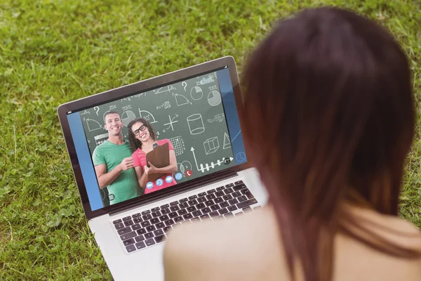 Video chat with business people with clipboard — Stock Photo, Image