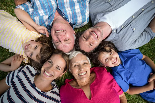 Lachende familie liggen in het gras — Stockfoto