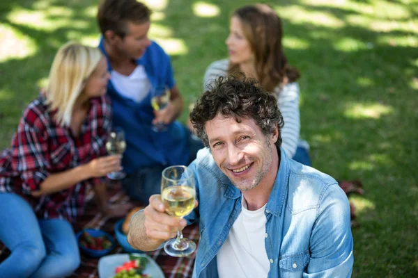 Amigos fazendo um piquenique com vinho — Fotografia de Stock