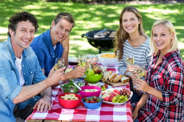 Vrienden hebben een picknick met wijn — Stockfoto