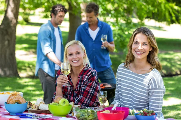 Vrienden hebben een picknick met wijn en barbecue — Stockfoto