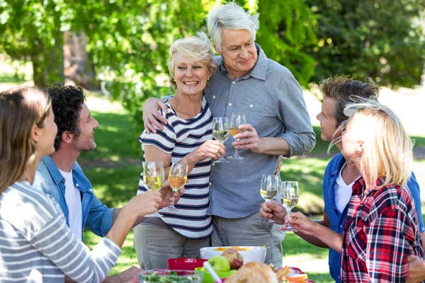 Amigos haciendo un picnic con vino —  Fotos de Stock