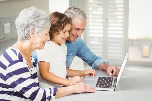 Lykkelig jente med besteforeldre som bruker bærbar PC – stockfoto