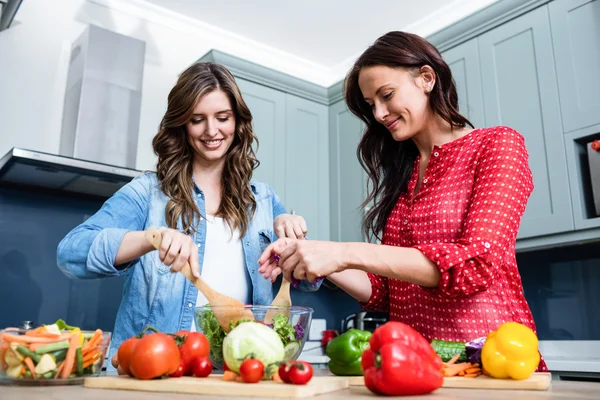 Female friends preparing vegetable salad — Stock Photo, Image