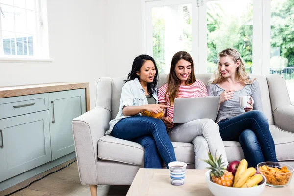 Amis à la recherche dans un ordinateur portable à la maison — Photo