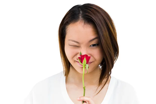 Glückliche Frau, die Rose riecht — Stockfoto