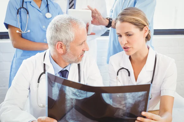 Two doctors examining x-ray report — Stock Photo, Image