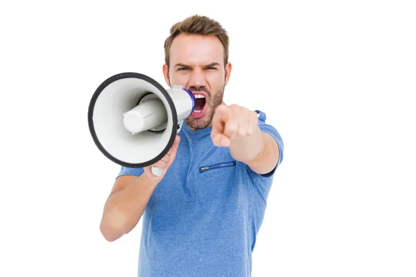 Man shouting on horn loudspeaker — Stock Photo, Image