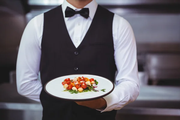 Красивый официант держит тарелку — стоковое фото