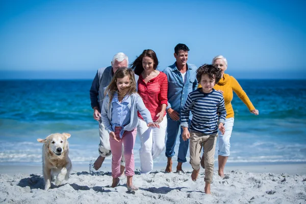 Família feliz com seu cão na praia — Fotografia de Stock