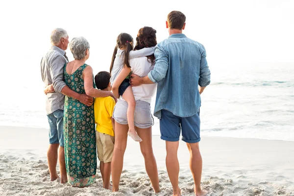 Bakifrån av en lycklig familj poserar på stranden — Stockfoto