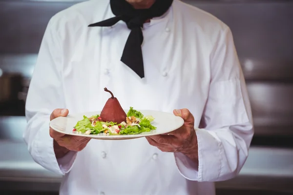 Повар держит и показывает блюдо с салатом — стоковое фото