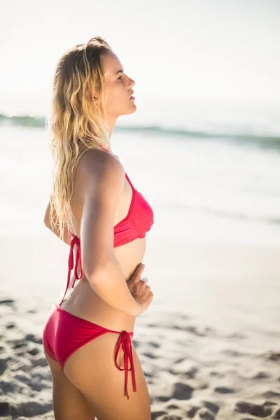 Mooie vrouw in bikini staat op het strand — Stockfoto