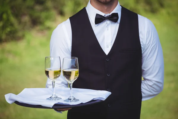 Knappe kelner houden een dienblad met twee glazen wijn — Stockfoto