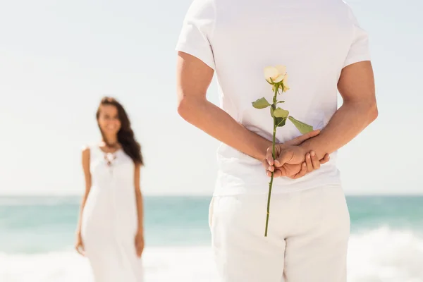 Boyfriend holding rose behind his back — Stock Photo, Image