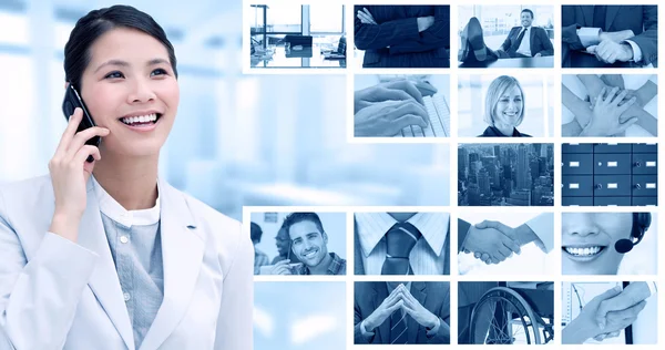 Businesswoman on phone  against business collage — Stock Photo, Image