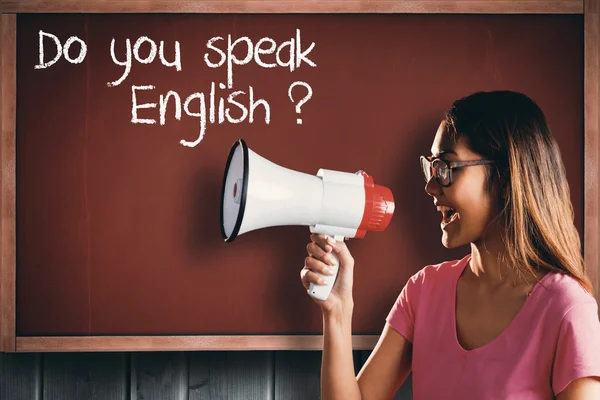 Woman shouting in megaphone — Stock Photo, Image