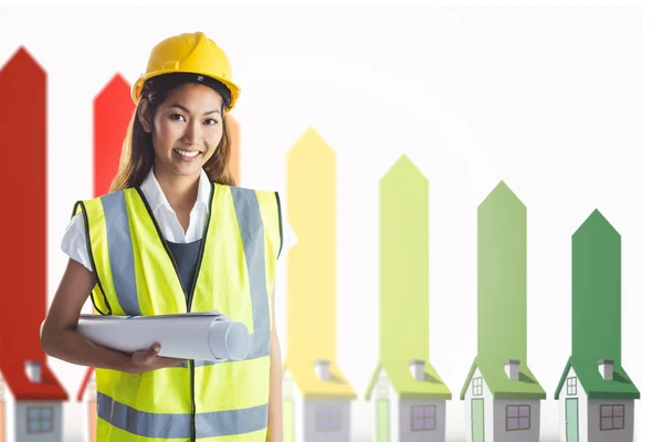Architect woman with yellow helmet and plans — Stock Photo, Image