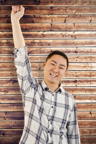 Portret van vrolijke man met de hand aan de orde gesteld — Stockfoto