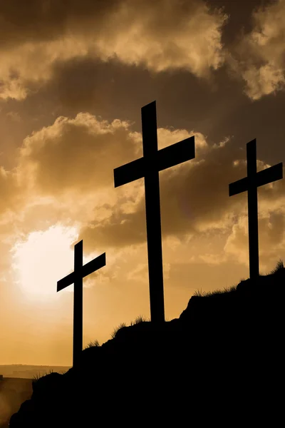 Crosses symbol shape over sunset sky — Stock Photo, Image