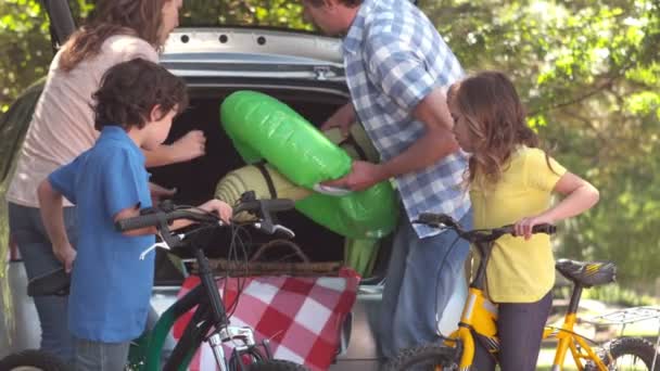 Familia descargando el maletero del coche durante el picnic — Vídeos de Stock