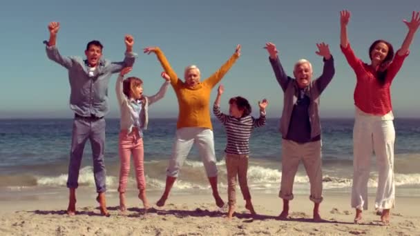 Glückliche Familie springt mit erhobenen Händen — Stockvideo