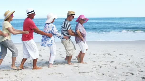 Старшие друзья танцуют на пляже — стоковое видео