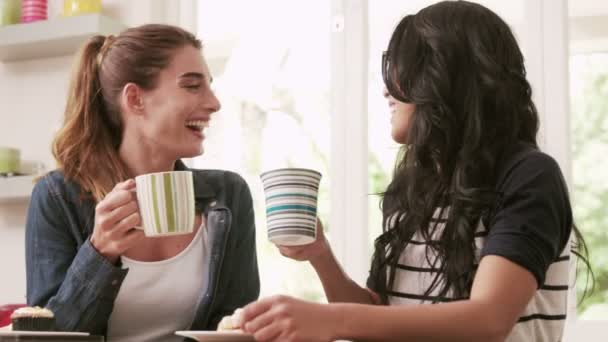 Happy vrienden eten van gebakjes en koffie drinken — Stockvideo