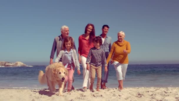 Happy uitgebreid familie wandelen met hond — Stockvideo