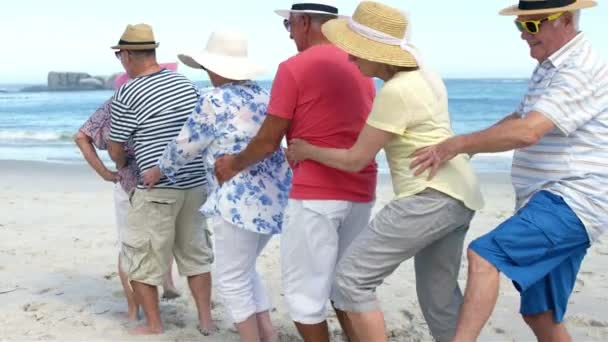 Старшие друзья танцуют на пляже — стоковое видео